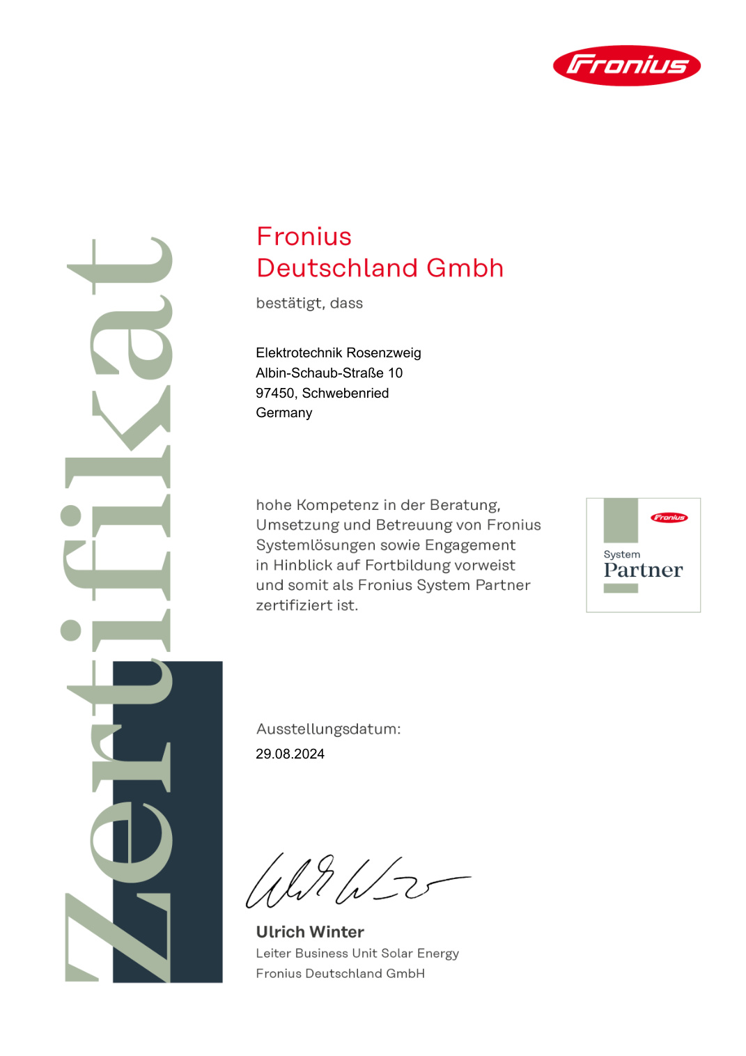 Fronius System Partner Zertifikat von Elektrotechnik Rosenzweig