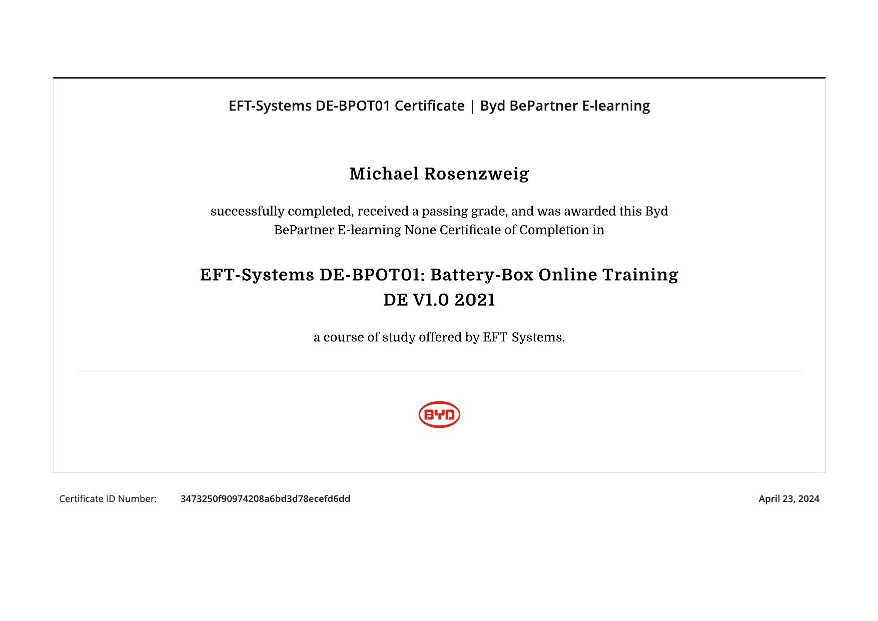 BYD Battery-Box Online Training Zertifikat von Michael Rosenzweig